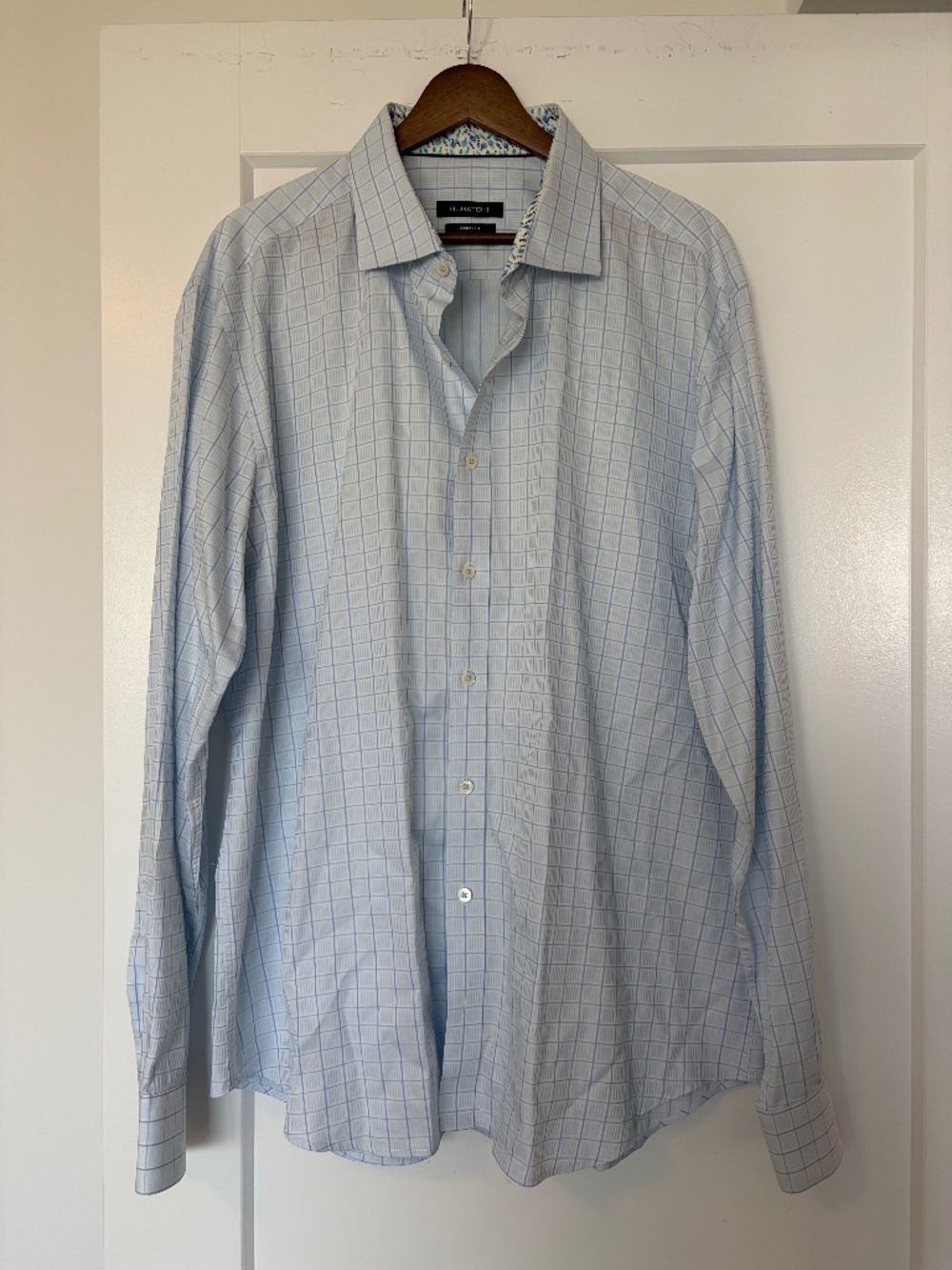 Bugatchi Shaped Fit Dress Shirt Size 17 Light Blue Window Check — Like New